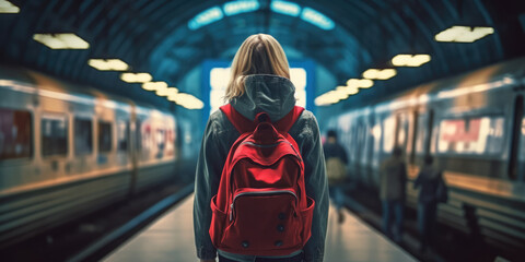 Back view of young female backpacker stand on platform waiting subway train in underground station. woman tourist watch metro, generative ai