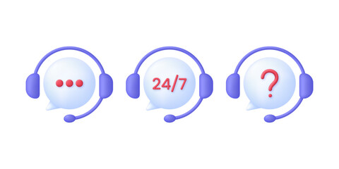 3D Set of Call center. Support service icon, customer consultation hotline, call center help.