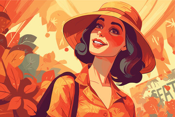 Cheerful happy woman enjoying shopping vector art painting