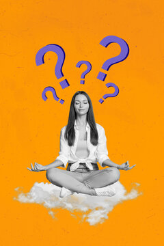 Sketch artwork 3d poster collage of thoughtful questioned girl thinking sitting sky practicing yoga isolated on painted background
