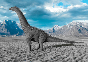 alamosaurus is standing up in the plains and mountains side view © DM7