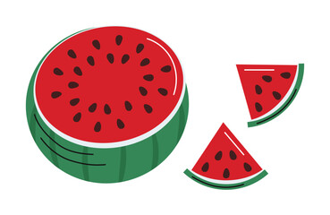 Watermelon doodle half and slices. Red ripe fruit, symbol of summer. Vector illustration isolated on white background