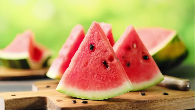 Watermelon slice. Stock video 4k. Slices of fresh watermelon on the rustic wooden table in the garden