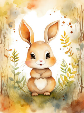 Cute watercolor hare, illustration for children
