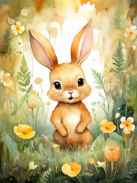 Cute watercolor hare, illustration for children