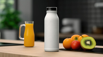 A white tumbler bottle with a black cap for a mockup blank template on the desk