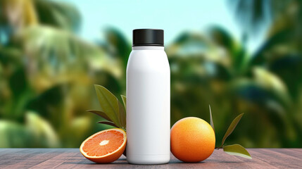 A white tumbler bottle with a black cap for a mockup blank template on the desk