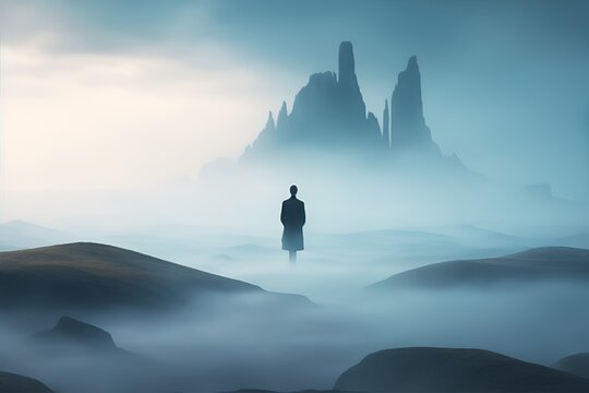 Enigmatic figure in the mysterious mountains.