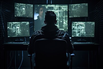 Hacker in the process of hacking the network. Back view of a person sitting in front of multiple monitors. Abstract image of a hacker.