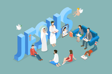 3D Isometric Flat Vector Conceptual Illustration of Christianity, Set of Religious People and Jesus Christ