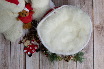 Newborn digital backdrop with christmas decoration, teddy bear and  santa claus bag.  Newborn...