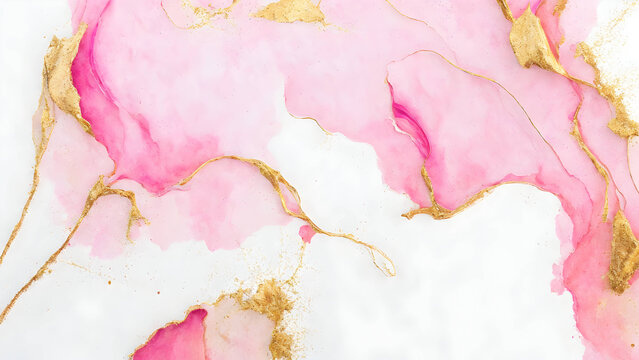 Abstract rose blush liquid watercolor background with golden lines, dots and stains