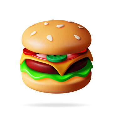 3D Tasty Burger Isolated on White. Render Burger Icon with Salted Cucumber, Salad, Tomato, Cheese, Sauce, Bun with Sesame Seeds and Beef Cutlet. Cheeseburger Fast Food. Realistic Vector Illustration.