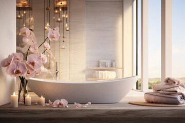 Photo of modern luxury bathroom interior with bathtub, towels and candles. Relaxation bodycare, beauty and health concept. Generative AI