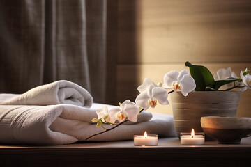 Spa composition with white orchids, candles and towels. Luxury photo, relaxation bodycare, beauty and health concept. Generative AI