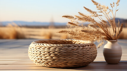 Fototapeta na wymiar photo of natural fiber basket on the table, generative ai