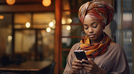 Happy young black woman in stylish clothes hold smartphone against urban background. Online shopping, web surfing, browsing internet - obrazy, fototapety, plakaty