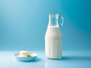 Bottle of tasty milk and fresh cheese on light table