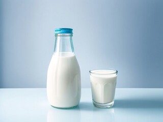 Bottle and glass of tasty milk on light table