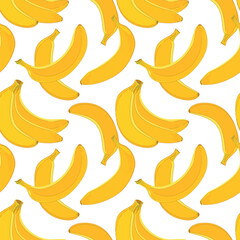 Banana seamless pattern on a white background. Vector illustration. Design for wrapping paper, textile, fabric. Yellow ripe exotic fruit.