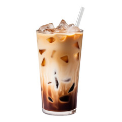 Iced coffee isolated on transparent background, delicious iced latte coffee drink blend in tall glass cup with ice cubes, and white straw, cold beverage, for cafe, coffee shop, menu, generative ai