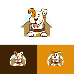 Cartoon dog logo and home symbol, vector illustration logo or mascot design, smiling dog and pet house company sign - 621987325