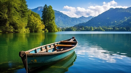 landscape with wooden boat on lake