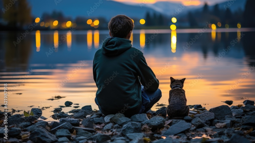 Sticker A man and his dog sitting on the shore of a lake. Generative AI image.