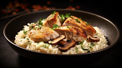 Delicious risotto with grilled chicken fillet and mushrooms on black background - obrazy, fototapety, plakaty