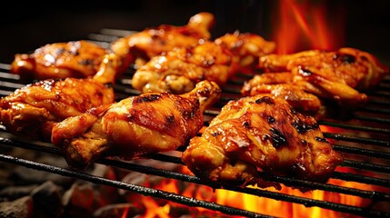 Barbecue with delicious grilled chicken wings on a grill grate, closeup