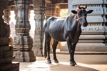 A divine cow in a temple. Hindu mythology. AI generated image.