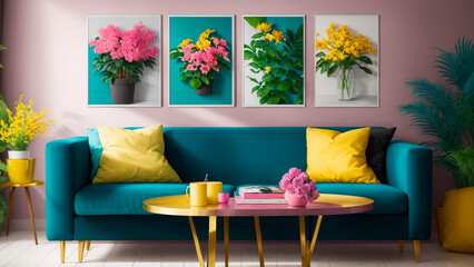 Mockup of two poster frames hanging on a colourful living room wall in a French modern country style living room