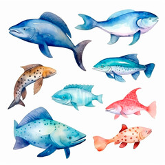 Naklejka premium fish set watercolor on a white background created with Generative Ai