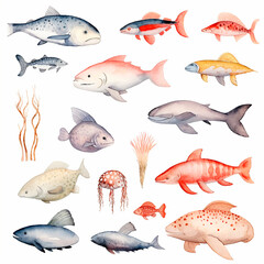 Fototapeta premium fish set watercolor on a white background created with Generative Ai