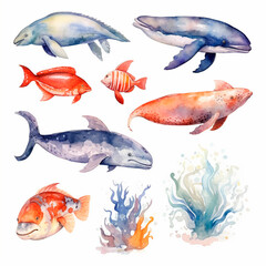fish set watercolor on a white background created with Generative Ai