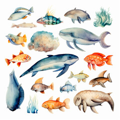 Naklejka premium fish set watercolor on a white background created with Generative Ai