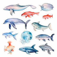 Fototapeta premium fish set watercolor on a white background created with Generative Ai