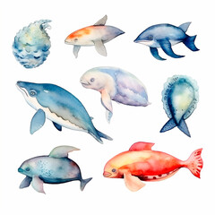 fish set watercolor on a white background created with Generative Ai
