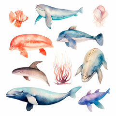 Fototapeta premium fish set watercolor on a white background created with Generative Ai