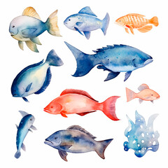 Naklejka premium fish set watercolor on a white background created with Generative Ai