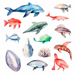 Fototapeta premium fish set watercolor on a white background created with Generative Ai