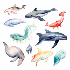 Fototapeta premium fish set watercolor on a white background created with Generative Ai