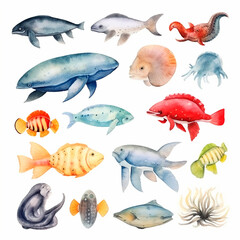 fish set watercolor on a white background created with Generative Ai