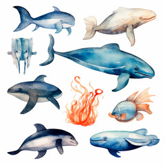 fish set watercolor on a white background created with Generative Ai