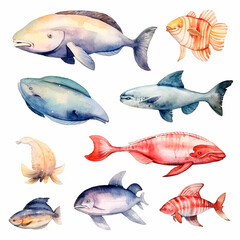 fish set watercolor on a white background created with Generative Ai