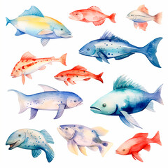 fish set watercolor on a white background created with Generative Ai