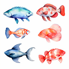 fish set watercolor on a white background created with Generative Ai