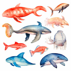 fish set watercolor on a white background created with Generative Ai