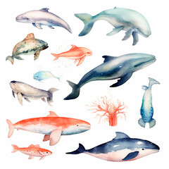 Fototapeta premium fish set watercolor on a white background created with Generative Ai