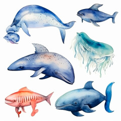 Fototapeta premium fish set watercolor on a white background created with Generative Ai